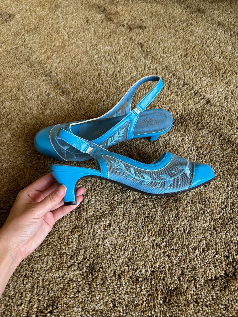 Baby blue Sofwear by Beacon kitten heels with a mesh + floral design
